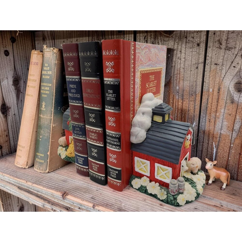 vintage youngs heavy resin red barn farm animals vibrant colors bookends. - Picture 2 of 13